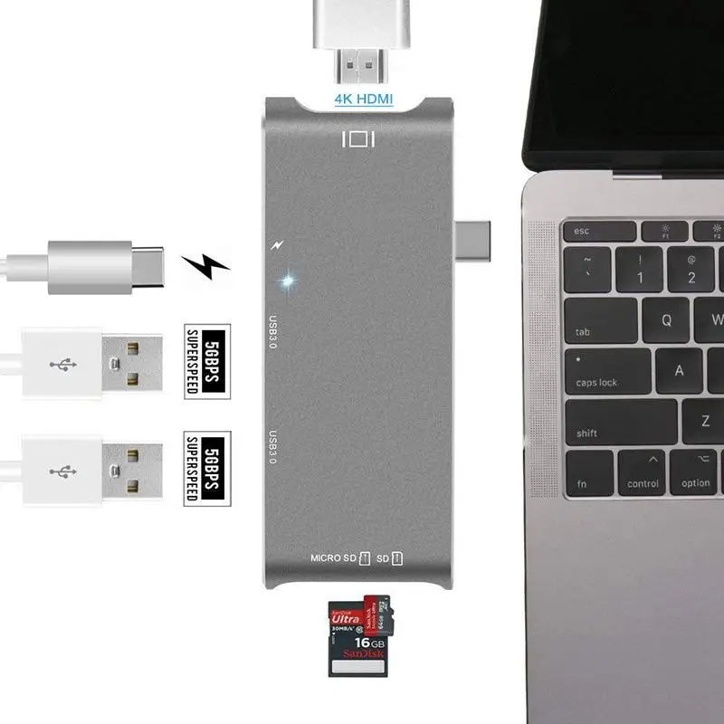 

USB Type C Hub Adapter,7 in 1 USB C Hub, with 4K HDMI/VGA Port,3USB 3.0 Ports, Type C Charging Port, SD/Micro-Card Reader for