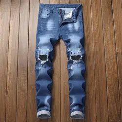 Новое поступление для мужчин эластичные со средней талией Прямые рваные джинсы модные хип хоп тонкий сплошной плиссированные плюс разм