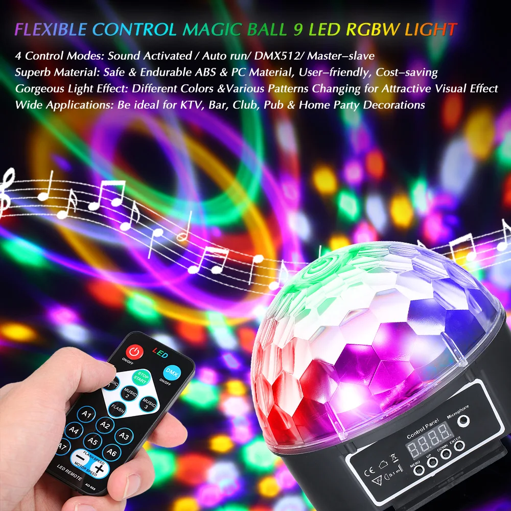 

Disco ball DMX512 Auto-running AC85-240V 18W 9 LED RGBW Magic Ball Stage Light Lighting Fixture for Party DJ Show Bar