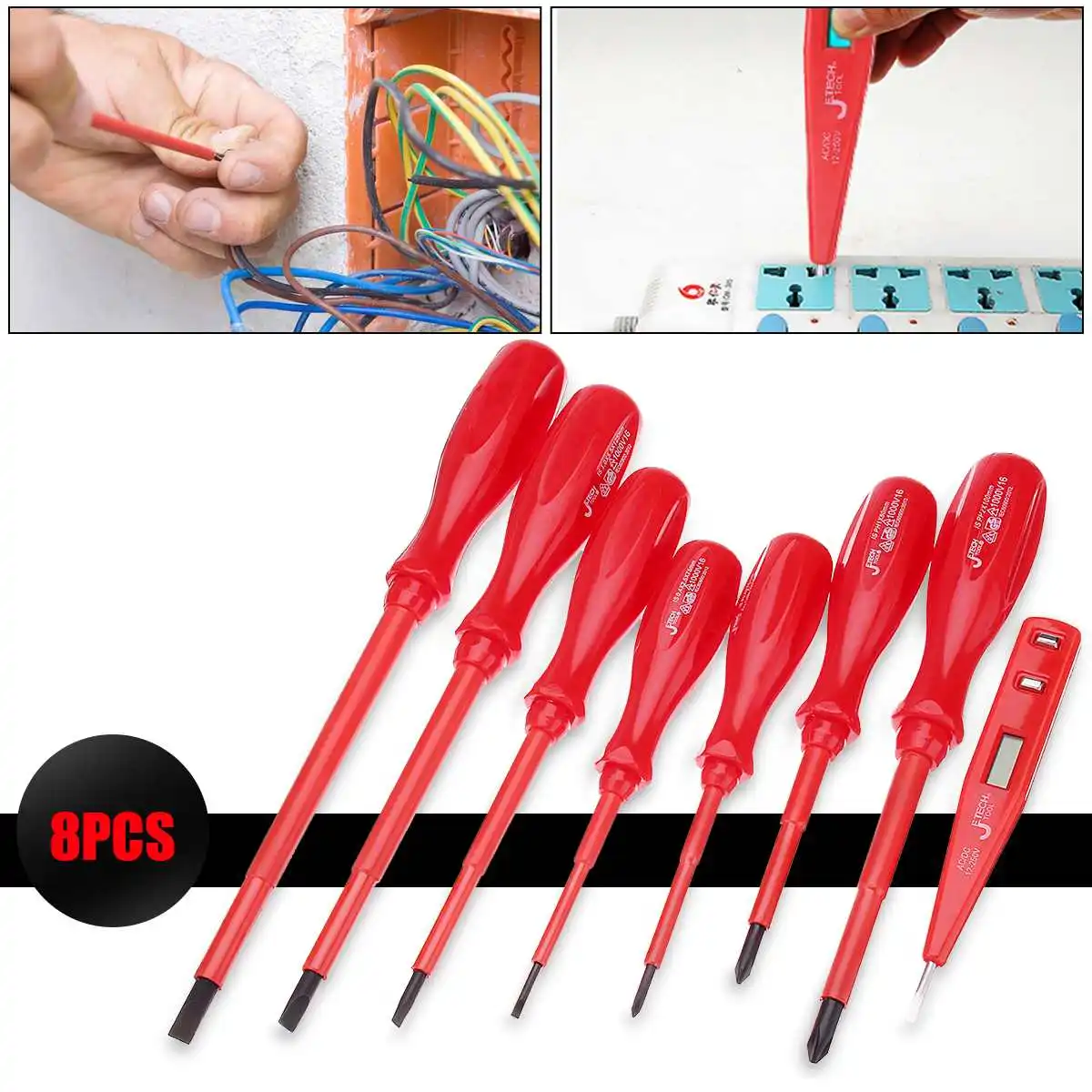 

JTECH 8Pcs Insulated Magnetic Screwdriver Phillips Slotted Set Digital Electric Tester Home Repair Hand Tool Set for Electrician