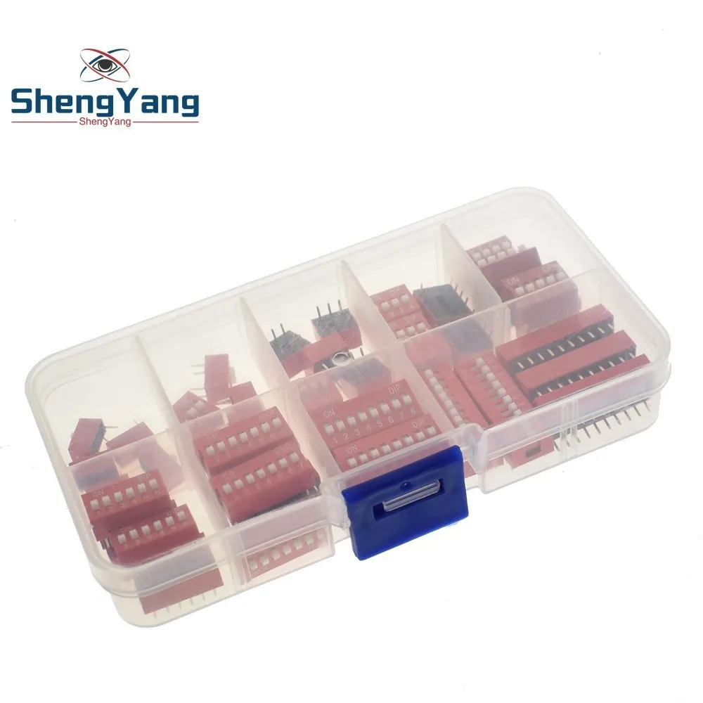 

45PCS Dip Switch Kit In Box 1 2 3 4 5 6 7 8 10 Way 2.54mm Toggle Switch Red Snap Switches Mixed Kit Each 5PCS Combination Set