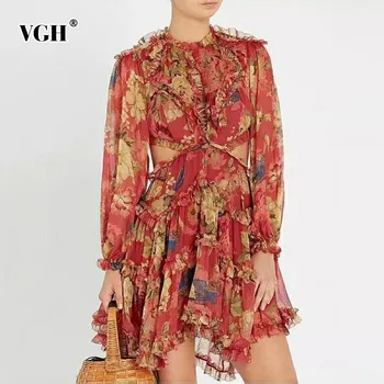 

VGH Spring Casual Print Women Dress Stand Collar Lantern Sleeve Backless Bandage Bow Loose Mini Dresses Female Fashion New 2020