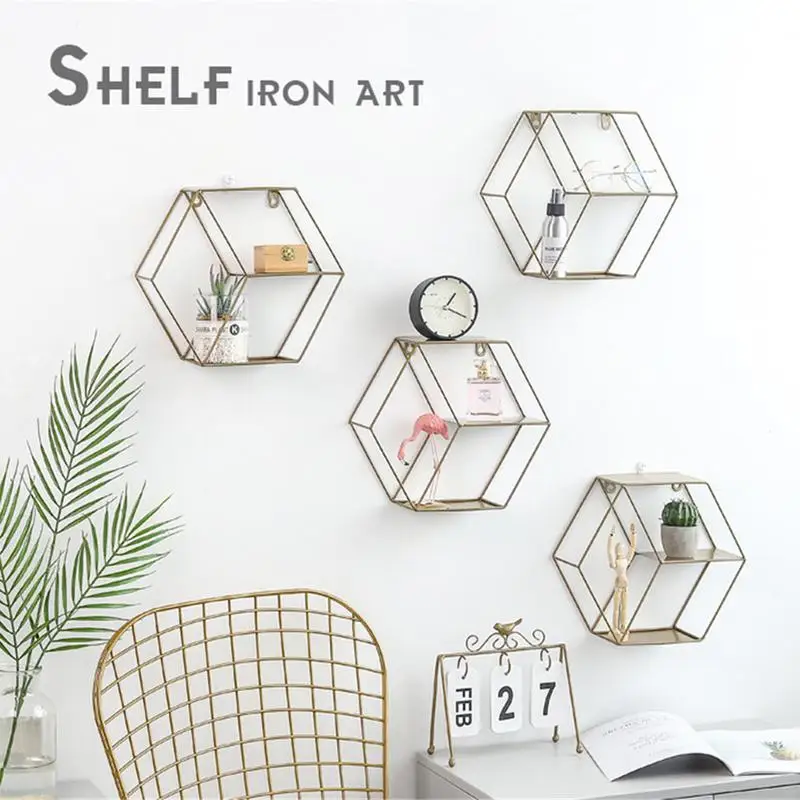Hexagon Decorative Hanging Wall Shelf Wrought Iron Storage Rack Living Room bedroom DIY Wall Decor Holder Flower Pot Craft Shelf - Image 4