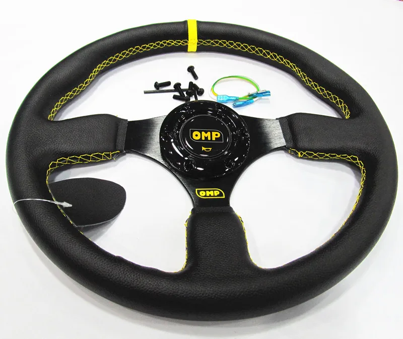 

Universal OMP 350mm Leather flat Car Racing Performance Tuning Sports Steering Wheel With Yellow line