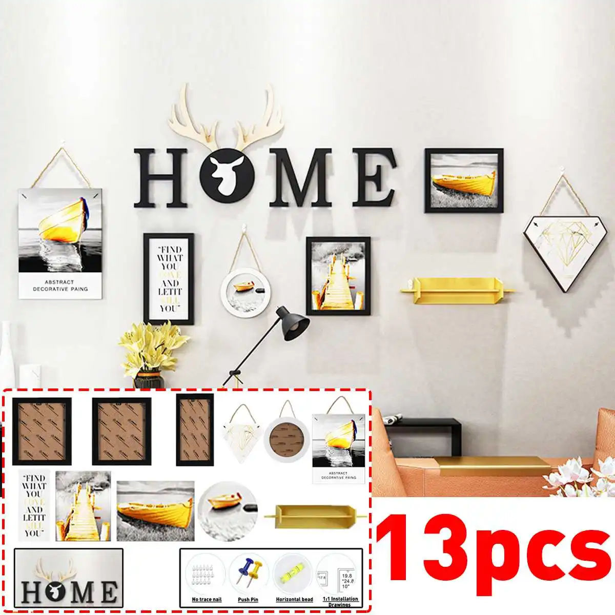 

13 Pieces/Set Wooden Picture Frame Sets Multi Picture Photo Frame Wall Frames Set Picture Display For Hallway Bedroom Wall Decor