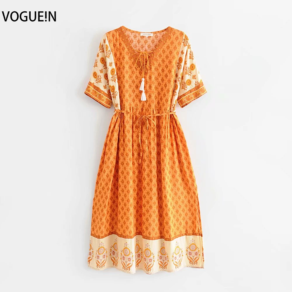 

VOGUEIN New Womens V-Neck Boho Sunflower Print Short Sleeve Yellow/Green Midi Dress Wholesale