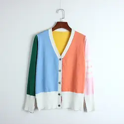 Кардиган Цвет блок трикотаж Лоскутная свитер Для женщин с длинными рукавами в Корейском стиле Женская мода длинные трикотажные свитера