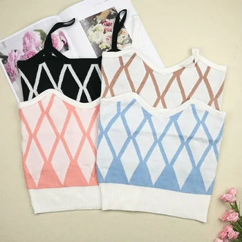 

Summer Women Knitting Tank Crop Tops Female Knitted Stretchy Sweet Chic Cropped Camisole Sleeveless Short T shirts Girls