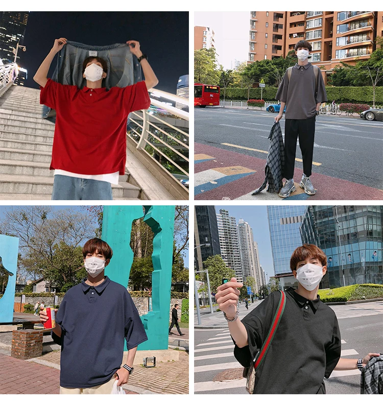 

Men's POLO shirt 2019 Summer New Round Neck Loose Pullovers Ribbon Stitching Youth Lapel Small Fresh Youth Casual Men's Clothing