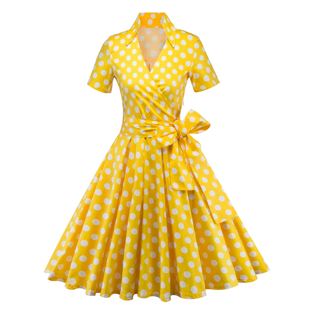 

Sovalro Dot Print Women Vintage Dress Hepburn 50s Rockabilly Summer Lapel Short Sleeve Belted Dresses High Waist Swing Dress