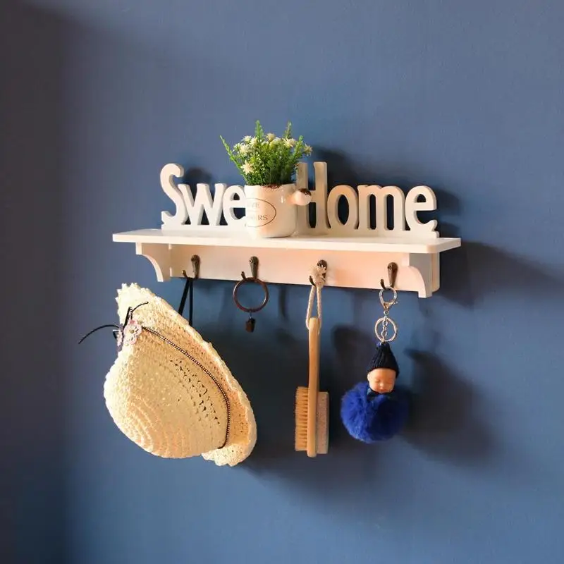 

4 Hooks Wood Storage Rack Wall Mounted Hat Keys Scarf Hanger Indoor Flower Pot Rack Hanging Shelf Holder Home Nordic Decor