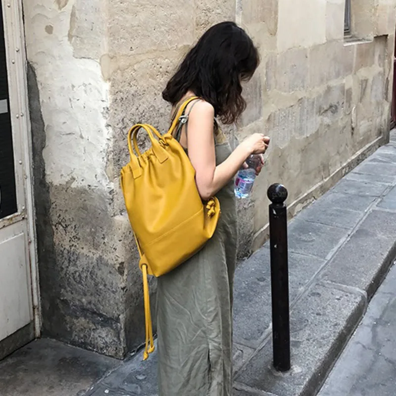 

[Super Seabob] 2019 Spring Summer Three Usage Yellow Color PU Leather Double Handles Double Strap Shoulder Bag Backoack LM373