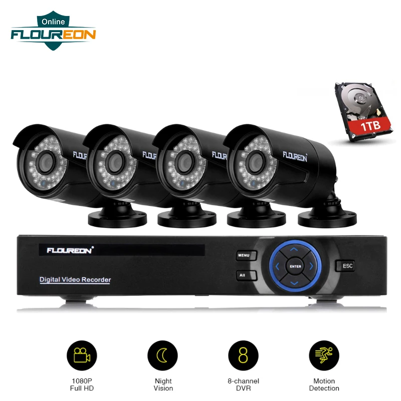 8CH 1080N AHD DVR + 4 шт наружная 2000TVL 1080P 1.3MP камера 1 ТБ HDD видеонаблюдения