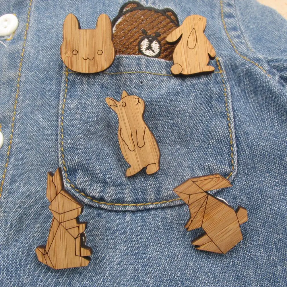 Мода Оригами журавль Броши кролик эмалированная булавка деревянная коническая