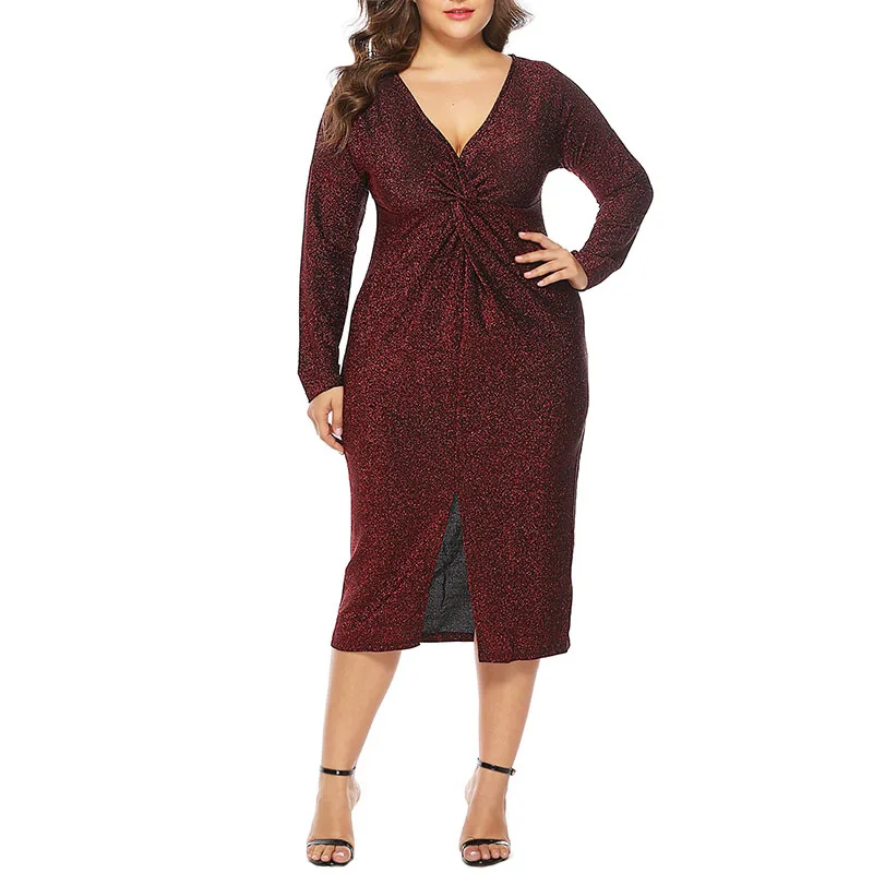

Rosegal Plus Size Dresses Sexy V Collar Long Sleeve Front Slit Dress Women'S Clothing Female Solid Color Dress Big Size Vestido