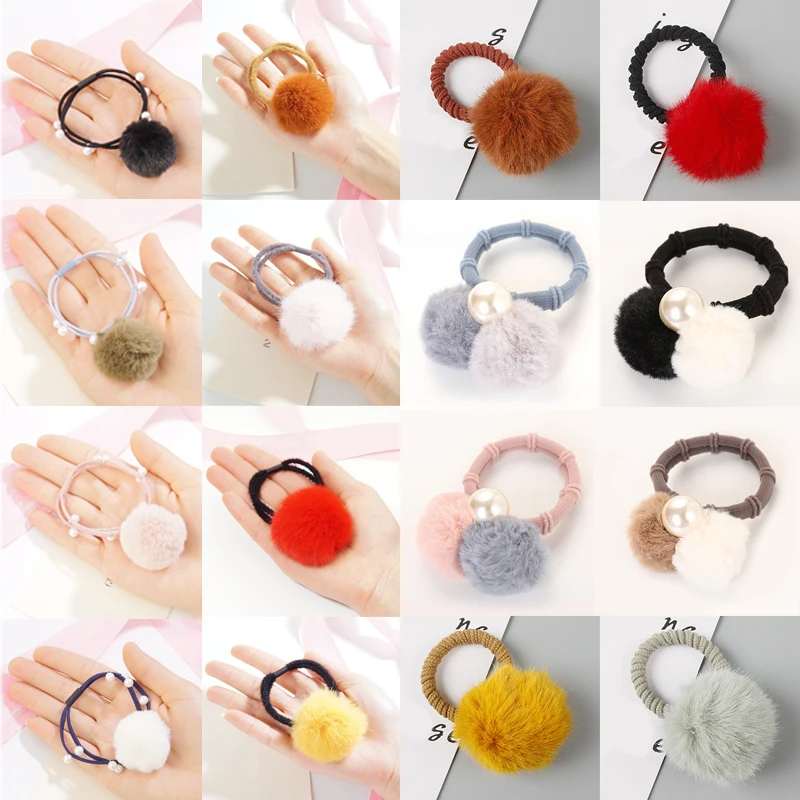 Girls Hair Accessories Colorful Pompon Elastic Hair Bands Rings Cute Creative Fur Ball Hair Rope Lovely Rubber Scrunchies