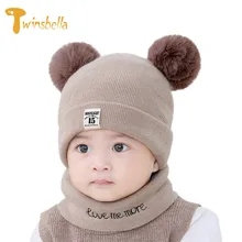 Новинка года, теплая зимняя шапка для маленьких мальчиков и девочек, шапка с двойным мехом и помпонами, детский вязаный костюм, шапка+ шарф Милая шапочка для новорожденных