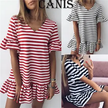 

New Women Fashion Casual Summer V Neck Striped Dress Party Casual Short Sleeve Beach Sundress HOT