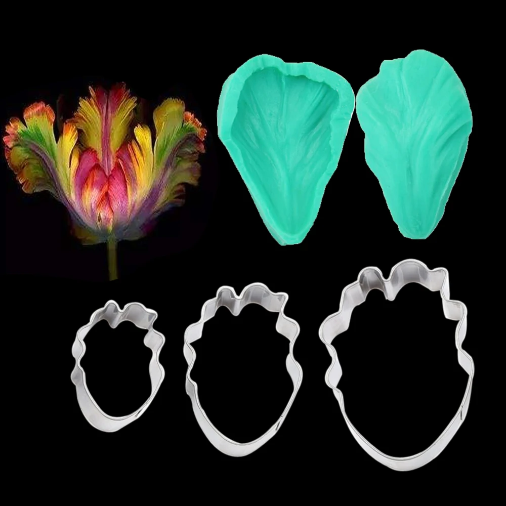 

Parrot Tulips Petal Silicone Veiner & Cutter Flower & Stainless Steel Cutter Cake Decorating Moulds Fondant Sugarcr CS254