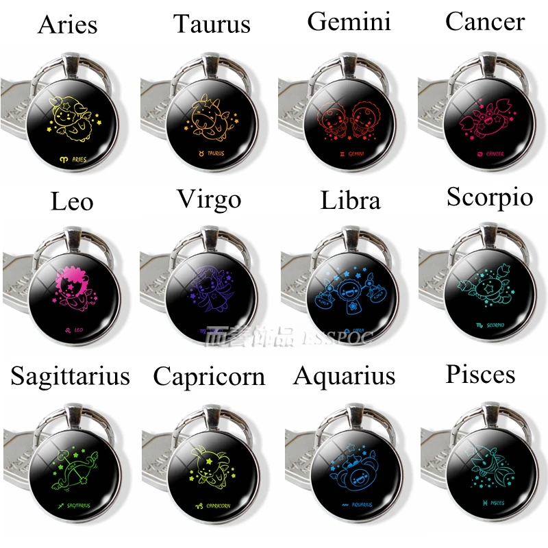 12 Constellations Zodiac Sign Pendant Aries Leo Libra Keychain Key Chain Rings Glass Cabochon Dome Jewelry Birthday Gift | Украшения и