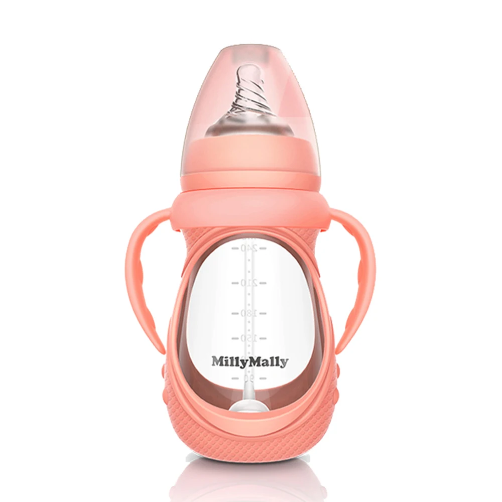 Детская стеклянная бутылочка с защитой от коликов, широкая горловина со съемной ручкой, бутылочка для кормления новорожденных, младенцев, малышей, BPA, Опциональная модель, цвет