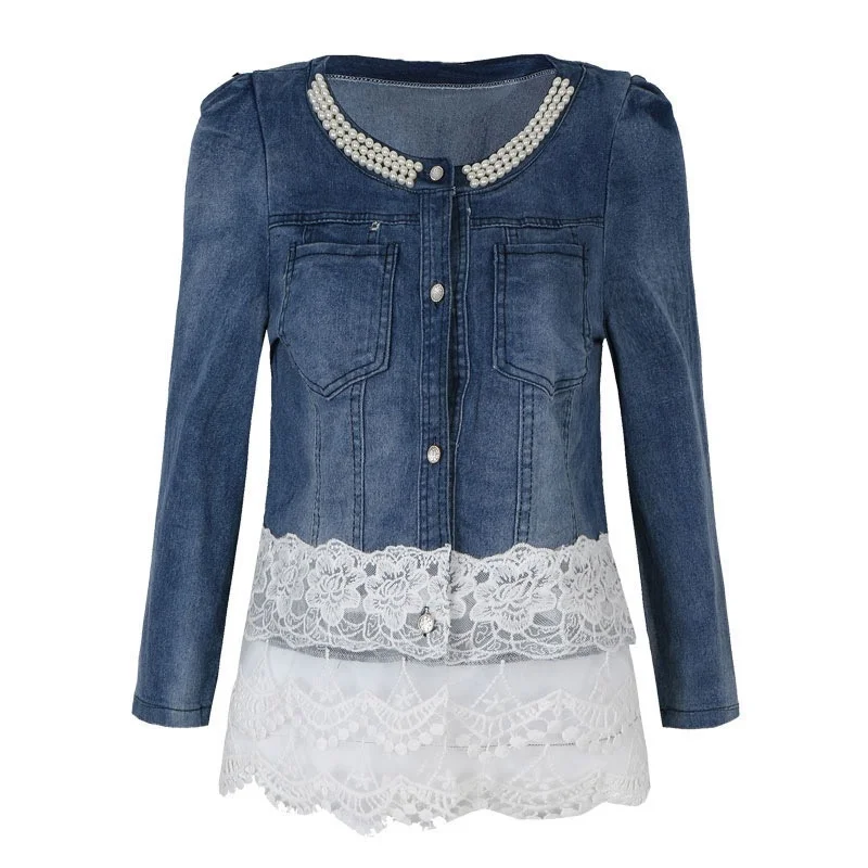 

LZMZA Elegant Beading pearl jacket women denim jackets Casual short basic jacket Slim jean lace jackets Plus size 3XL