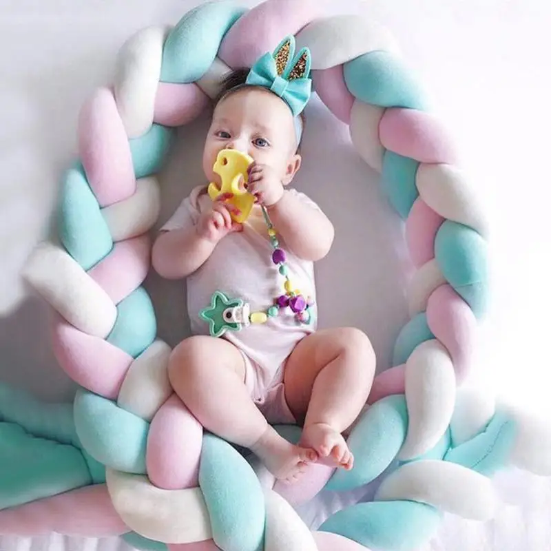 

200cm Baby Bed Bumper Four Ply Knot Handmade Long Knotted Braid Weaving Plush Baby Crib Protector Infant Knot Pillow Room Decor