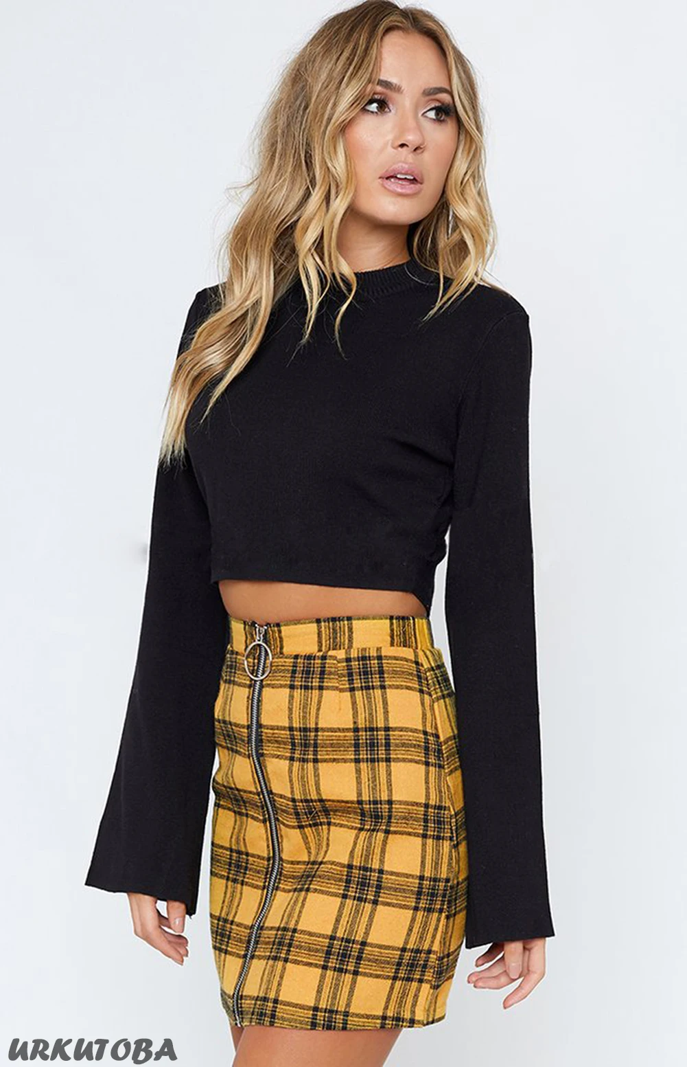

Women Plaid Tartan Zip Mini Skirt Lady High Waist Checked Bodycon Mini Pencil Skirt