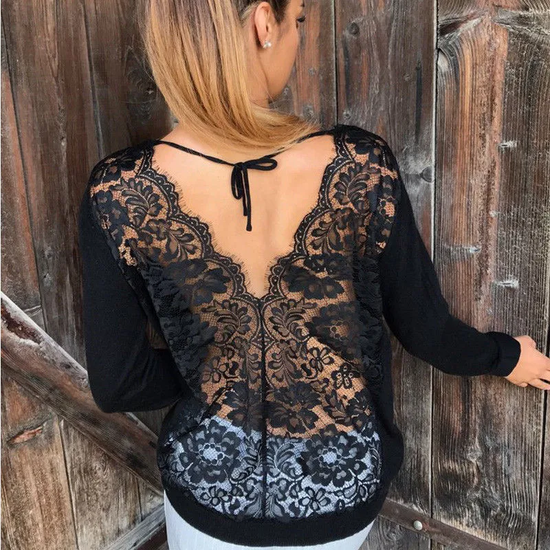 

Long Sleeve Casual Loose O-Neck Lace Back Solid T-shirt Women Backless Cotton Tops Tee Shirt Women's T-shirts