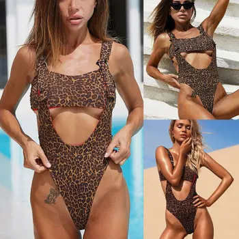 

Women Sexy Leopard Swimwear Swimsuit Bathing 2019 New Summer Sleeveless Cassual Sexy Blackless Rompers Sunsuits
