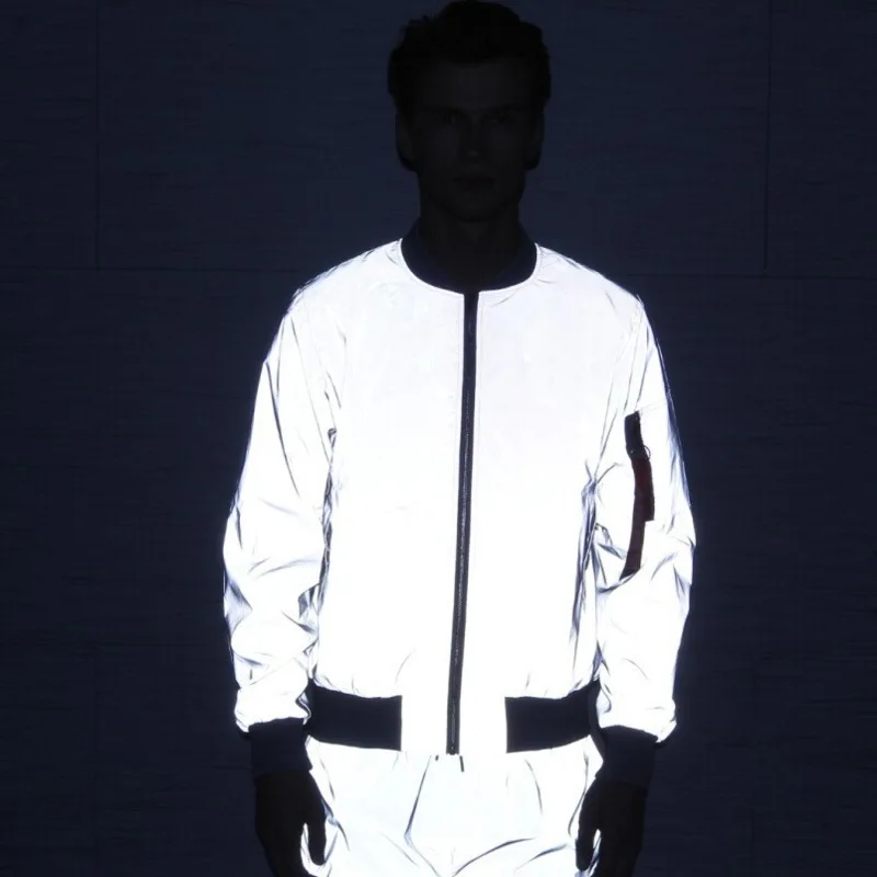 Men full reflective jacket Night reflect light hip hop bomber coats