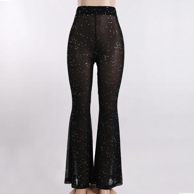 

2019 Summer Women Thin Mesh Sequins Sexy Flare Pants Fashion High Waist Transparent Casual Pants Solid Long Trousers