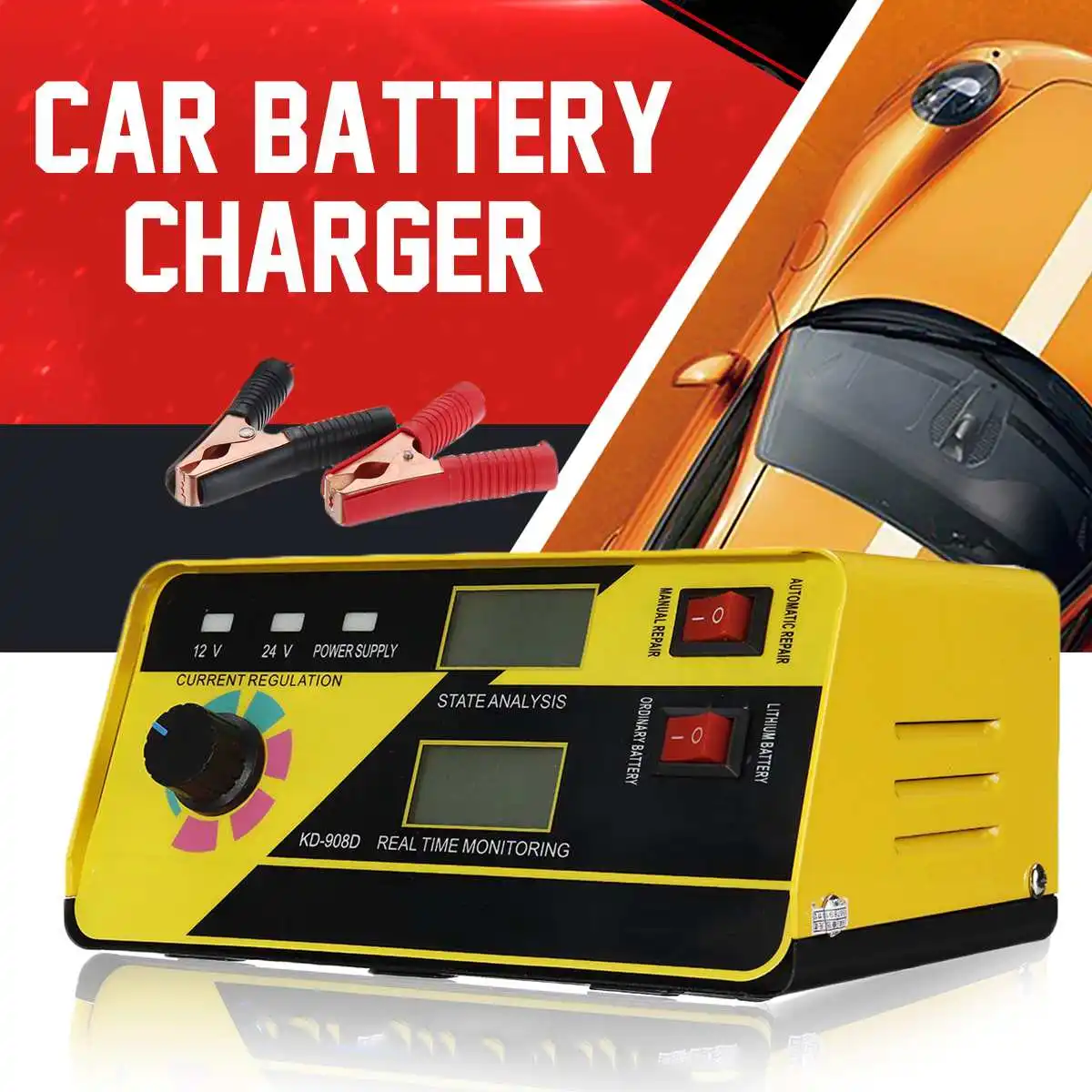 

12/24V 20A Intelligent Battery Charger Pulse-Repair Car Motorcycle Wet Lead Acid 18.5x14x8.7cm With Cooling Fan Power Saving
