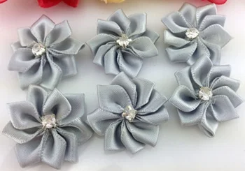 

10pcs Satin Ribbon Flower with Crystal Bead Appliques gray