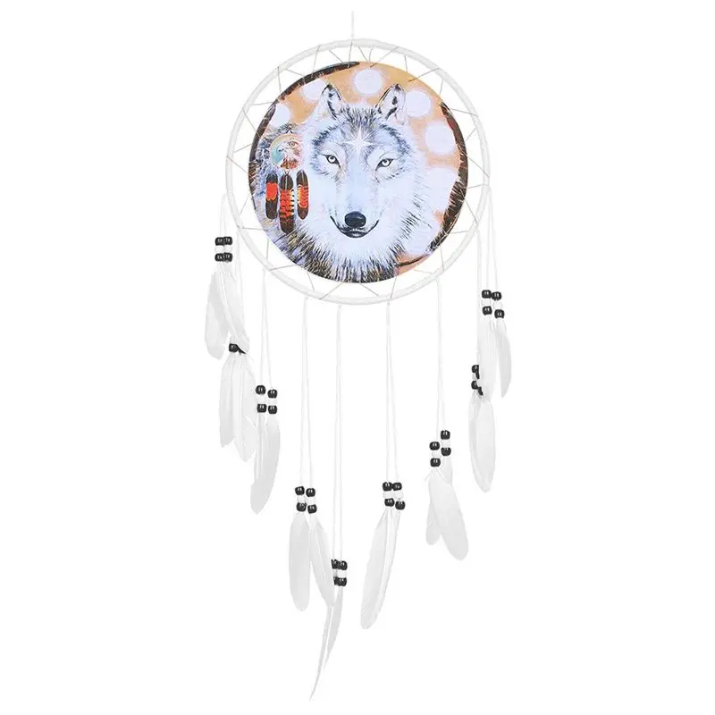 Волк Ловец снов индейский амулет "Ловец снов" с животным узором Белый перо сбоку 1 круг настенный украшения орнамент (белый