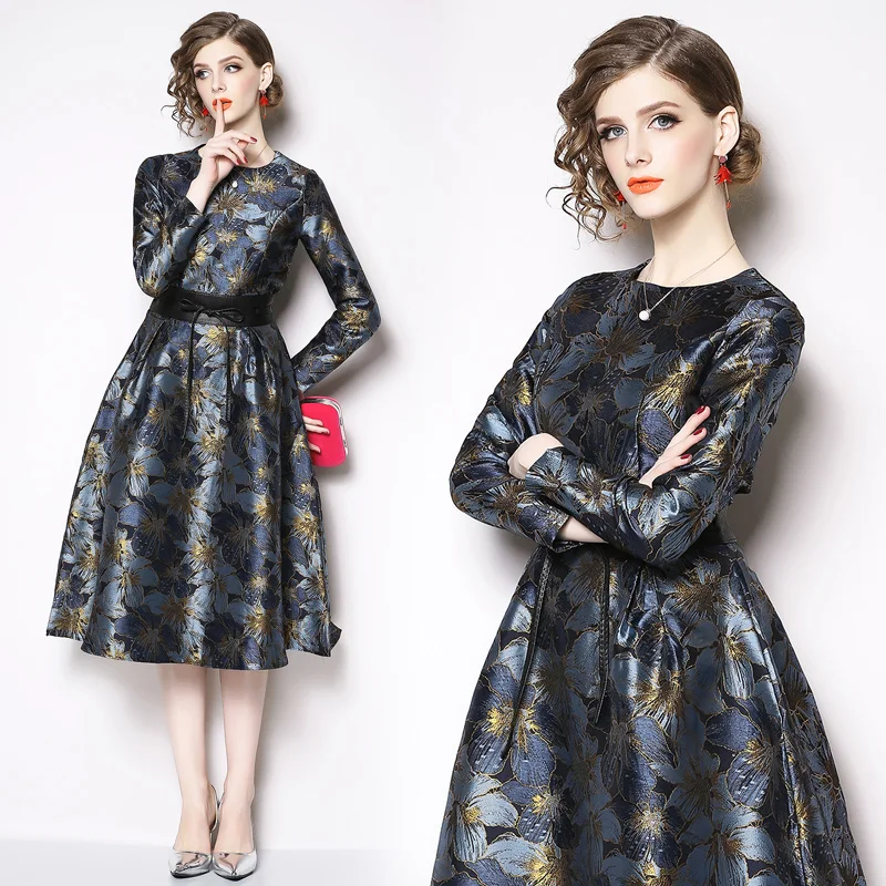 Banulin Fashion Woman Autumn Winter Runway Dress A-line Star Style Female Elegant Dress Long Sleeve OL party Dress Jaqcard Dress