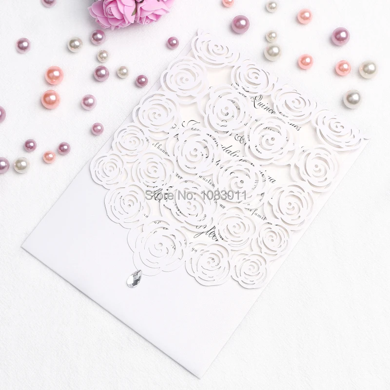

PONATIA 20Pcs Laser Cut Wedding Invitation Cards with Rhinestone Hollow Flora Cardstock for Engagement Wedding Party(PearlWhite)