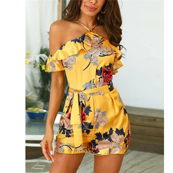 

New Fashion Women Summer Jumpsuit Sleeveless Halter Style Ladies High Waist Sexy Floral Printed Playsuit Off shoulder Trousers