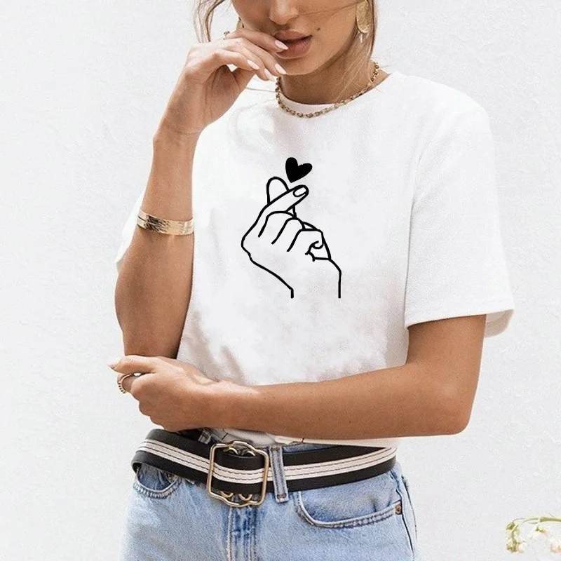 

2019 Fashion T Shirt Women Gesture Love Graphic Tees Women Tshirt Finger Heart Printed Summer Top Femme Korean Camisetas Mujer