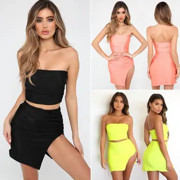 

2Pcs Women Ladies Clothes Set Strapless Tube Crop Tops Bodycon High Waist Mini Skirt Clubwear Summer Sexy Clothes Set