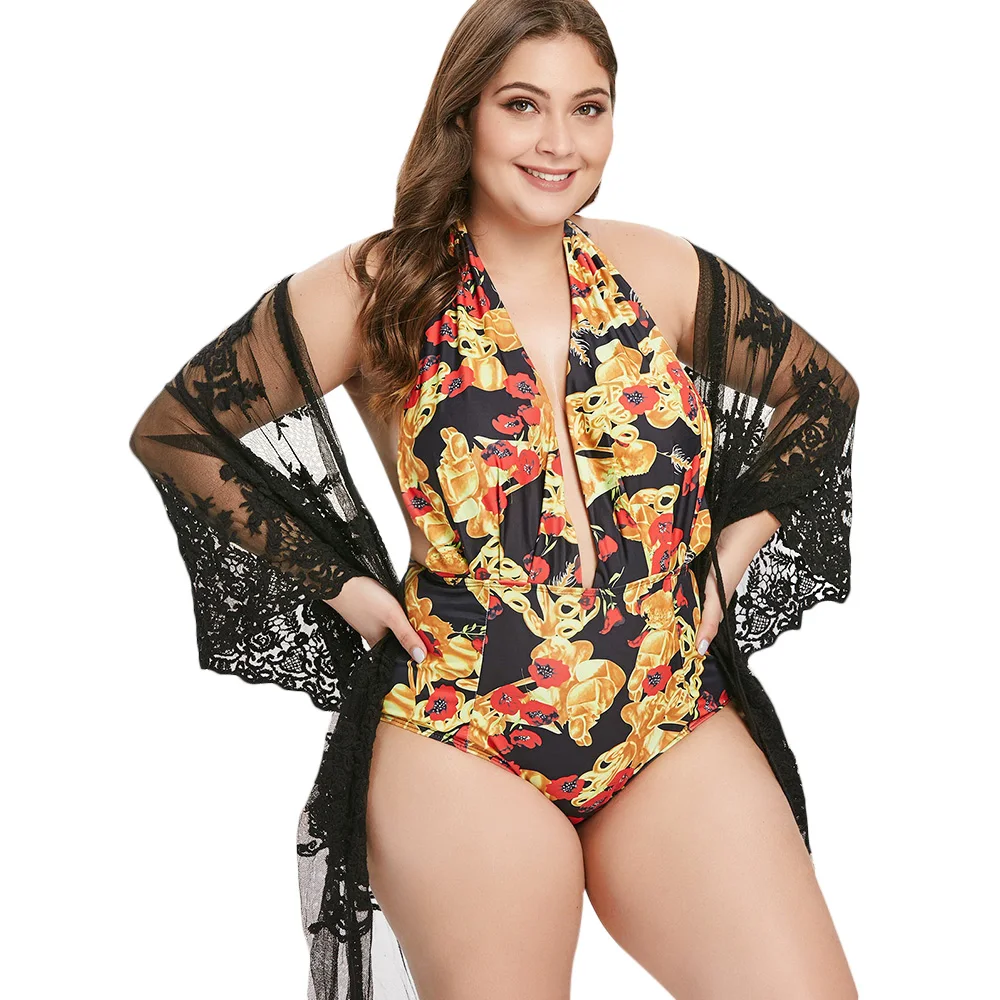 

Backless Beach Wear Sexy Plus Large Size Wire Free Halter One Piece Girl Women Swimwear Beach New Bandage Swimsuit Bathing Suit