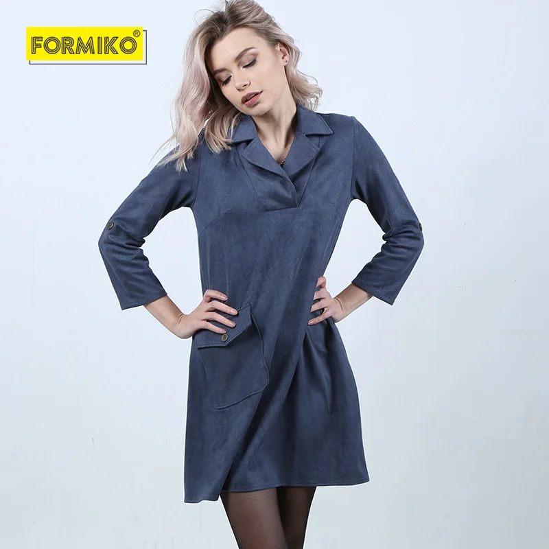 Formiko Замшевое платье А силуэта с отложным воротником. 2018 Сексуальное осень зима V