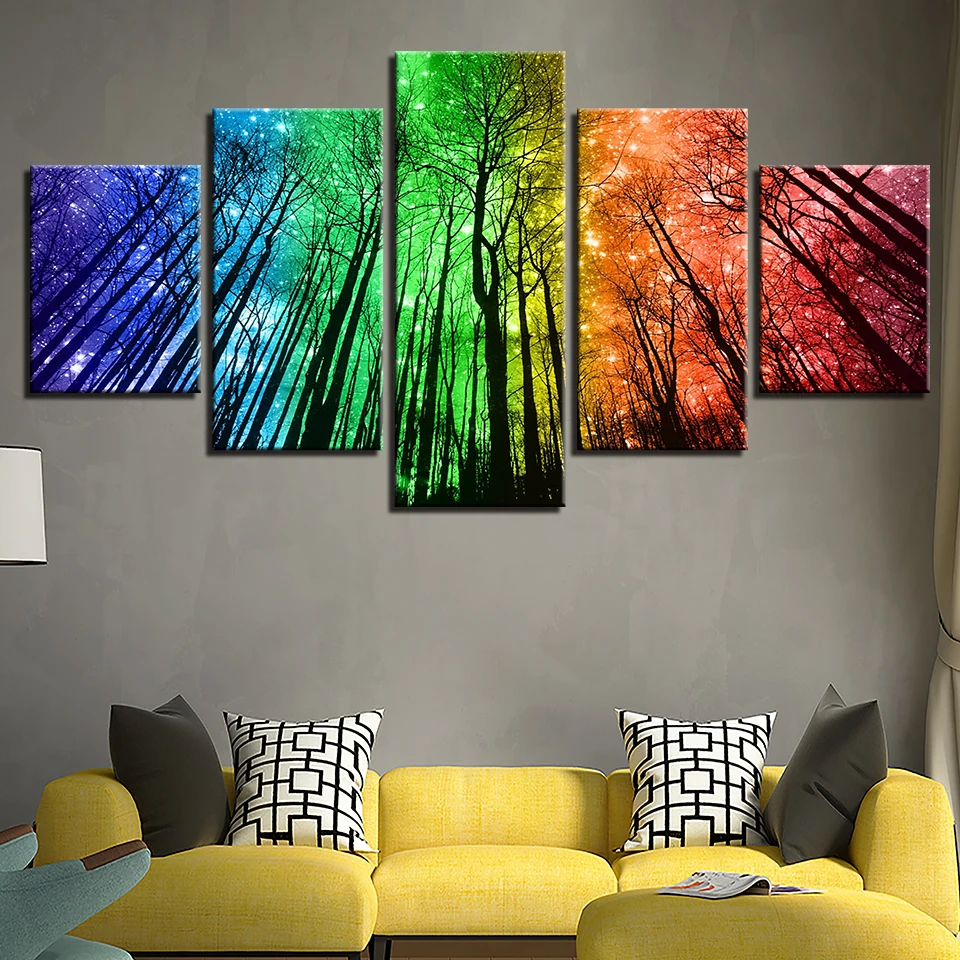 

Canvas Prints Painting Wall Art Framework 5 Pieces Color Psychedelic Forest Poster Starry Sky Trees Abstract Pictures Home Decor