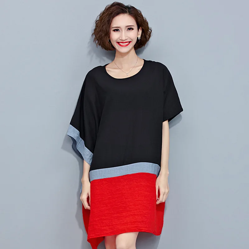 

LANMREM 2019 Summer New Women's Large Size Loose Black Red Contrast Color Dress For Women Fashion Bawting Sleeve Clothes QF00701