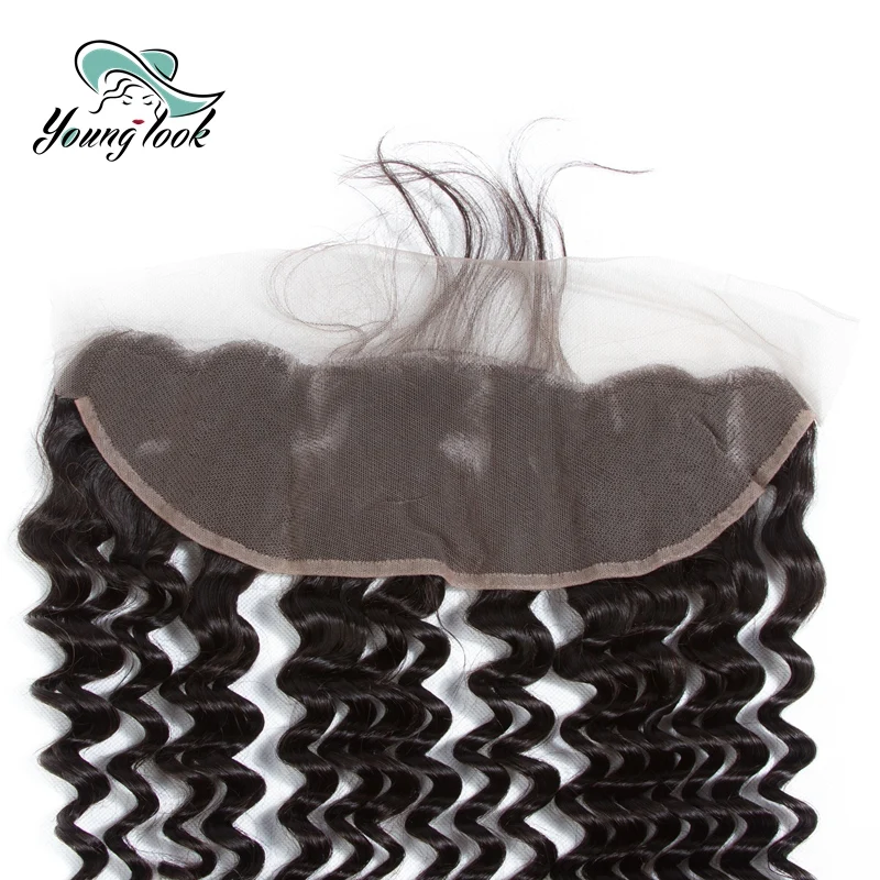 YOUNG LOOK Hair Brazilian Deep Wave Lace Frontal 13X4 Ear To Ear Free Part Non-Remy Human Hair Closure Natural Color 8-20Inch