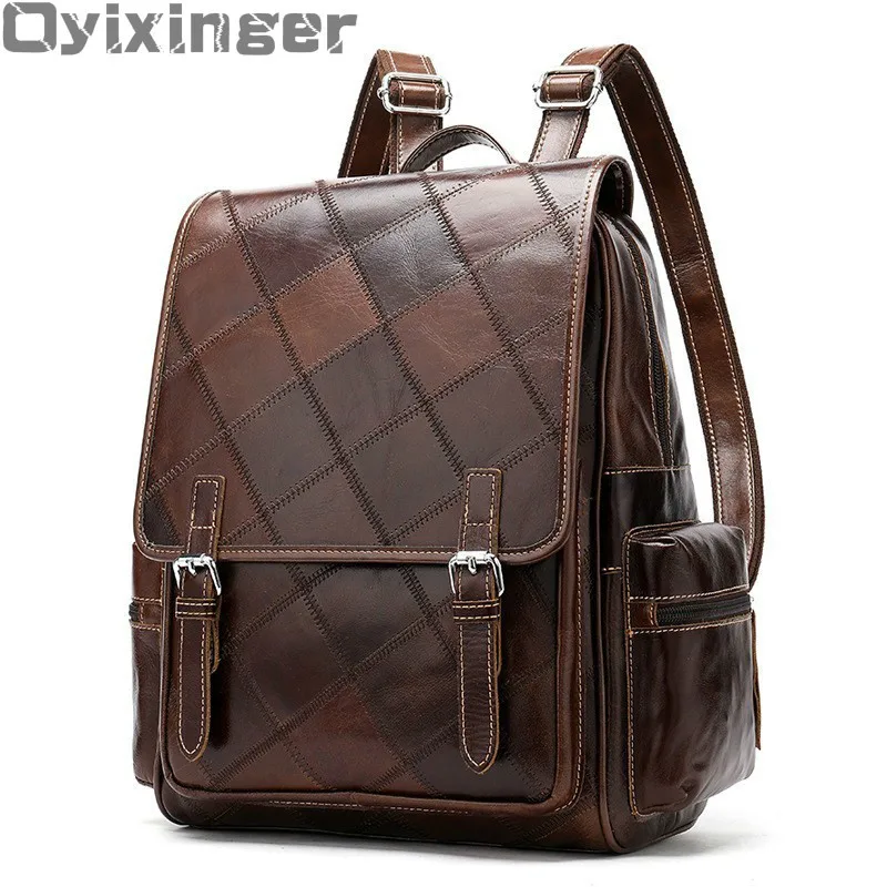 

Women's Plaid Backpack Genuine Leather Coffee Backpack For Girl Female Travel Bagpack School Bag Leather Backpacks For IPAD MINI