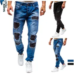 SharkPrint для мужчин зимние Лоскутные отверстия Джинсовые рваные джинсы повседневные спортивные штаны полной длины мода стрейч черные