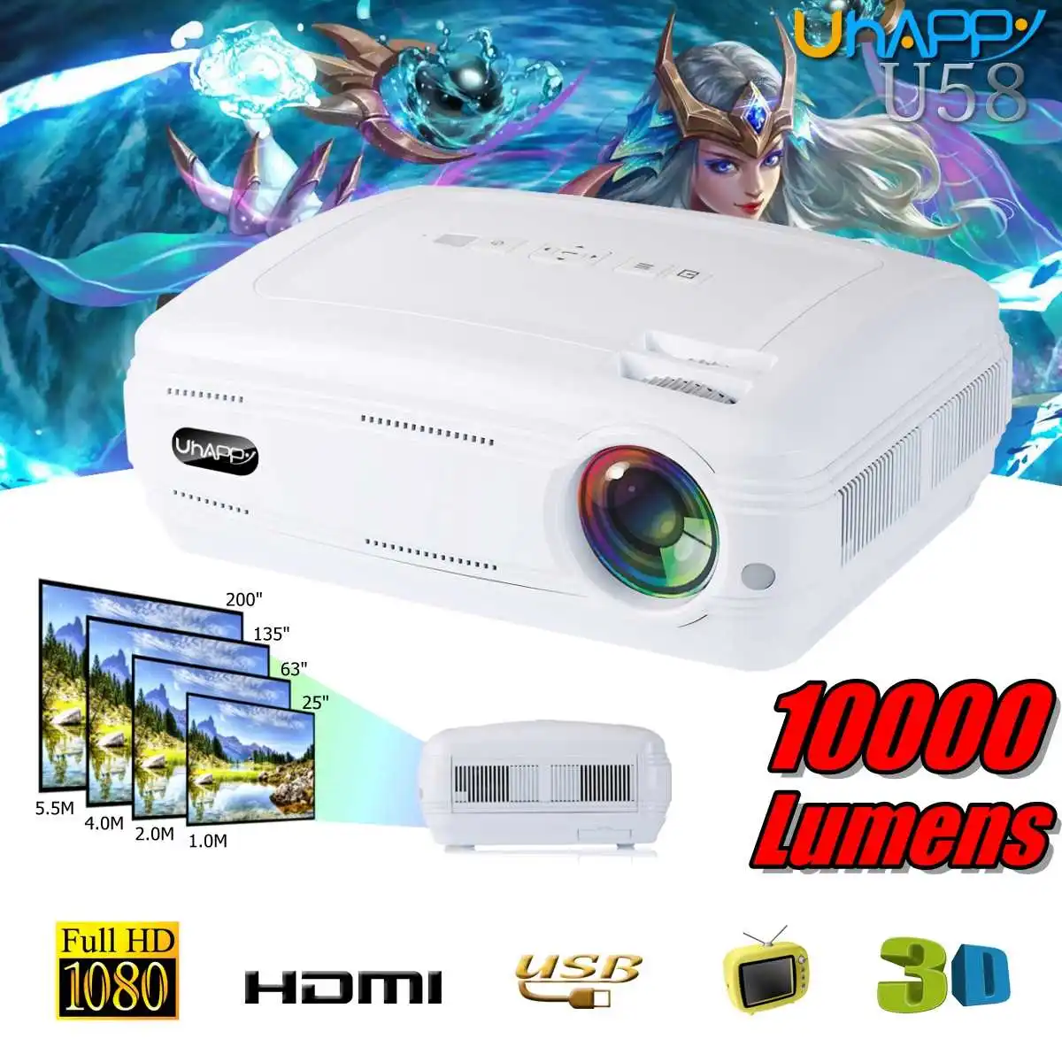 10000 Lumens 1080P 3D LED Home Cinema Theater Projector TV/\\AV/VGA/HDMI Multimedia Beamer