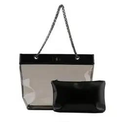 2018 повседневное желе прозрачный для женщин женская сумка черный сумочка из ПВХ большой ёмкость Tote с внутри из искусственной кожи клатч