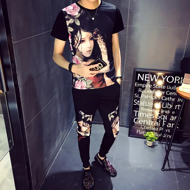 

Spring Summer Fashion Printing Ice Silk Round Neck Short Sleeve T-shirts Chandal Hombre Suit Trend Tracksuit Men 2019 Track Suit